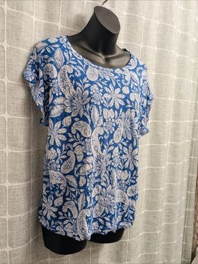 [LOFT] Women's Blue Floral Print Short Sleeve Top